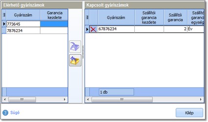 Gyáriszám kiválasztás Gyáriszám kiválasztás